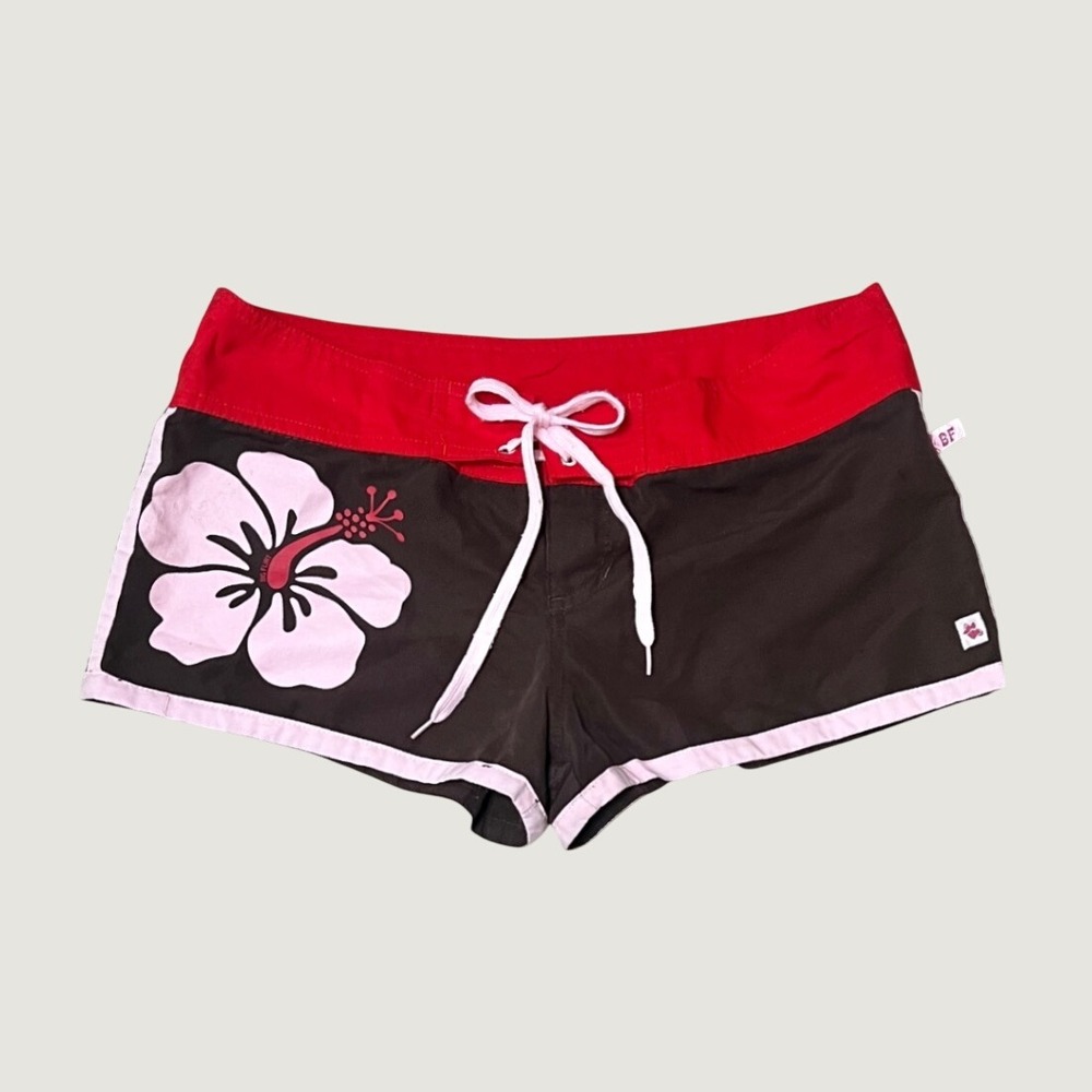 2000s Y2K Low Rise Mini Board Shorts Hibiscus Floral Brown Red Big Flirt Medium